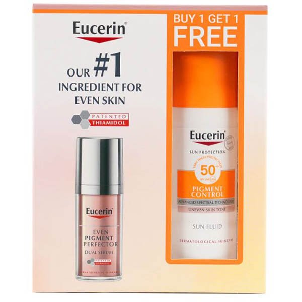 Eucerin-Even-Pigment-Dual-Serum-30ml-+-Pigment-Sun-Fluid-50ml-Offer يوسيرين سيروم تفتيح البشرة مزدوج الفاعلية مع واقي شمس مجاني ضد التصبغات