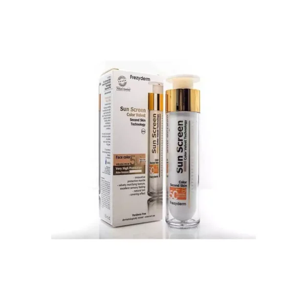 Frezyderm Sun Screen Velvet With Color SPF50+, 50Ml   فريزيديرم واقي شمس مخملي بعامل وقاية من أشعة الشمس 50+ مع كريم أساس ، 50 مل