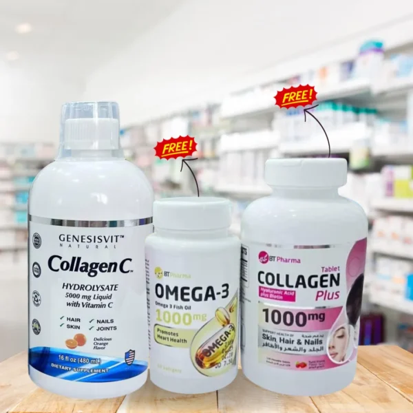 توصيل غير مجاني Buy Genesisvit Collagen Liquid 480ML & Get Bt Pharma Omega-3 60 Capsules FREe + Collagen Plus 1000mg Chewable 120 Tablets for FREE